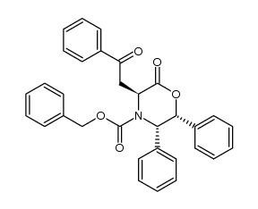 (3S,5S,6R)-4-(benzyloxycarbonyl)-5,6-diphenyl-3-(2'-oxo-2'-phenylethyl)-2,3,5,6-tetrahydro-4H-1,4-oxazin-2-one结构式