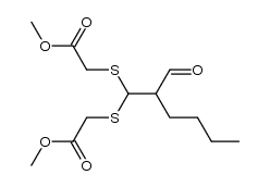 dimethyl 2,2'-((2-formylhexane-1,1-diyl)bis(sulfanediyl))diacetate结构式