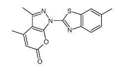 3,4-dimethyl-1-(6-methyl-1,3-benzothiazol-2-yl)pyrano[2,3-c]pyrazol-6-one结构式