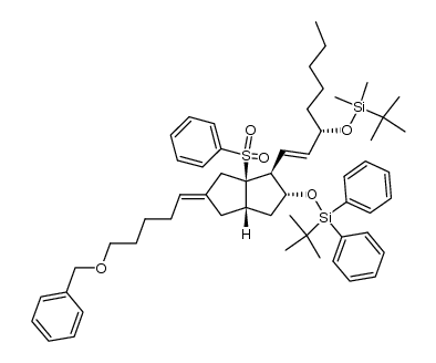 (((1S,2R,3aS,6aR,E)-5-(5-(benzyloxy)pentylidene)-1-((S,E)-3-((tert-butyldimethylsilyl)oxy)oct-1-en-1-yl)-6a-(phenylsulfonyl)octahydropentalen-2-yl)oxy)(tert-butyl)diphenylsilane结构式