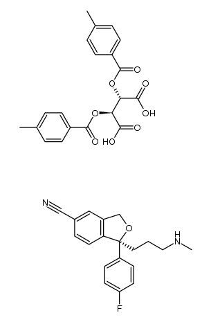 (S)-(+)-1-(4-fluorophenyl)-1-(3-methylaminopropyl)-1,3-dihydroisobenzofuran-5-carbonitrile, (-)-di-p-toluoyl-D-tartaric acid salt结构式