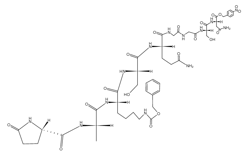 pyroglutamyl-alanyl-Nε-benzyloxycarbonyllysyl-seryl-glutaminyl-glycyl-glycyl-seryl-asparagine 4-nitrobenzyl ester结构式