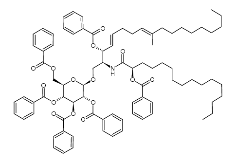 1-O-(2'',3'',4'',6''-tetra-O-benzoyl-β-D-glucopyranosyl)-(2S,3R,4E,8E)-2-[(2'R)-2'-((benzoyloxy)hexadecanoyl)amino]-3-O-benzoyl-9-methyl-4,8-octadecadiene-1,3-diol结构式