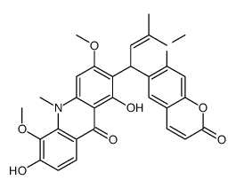 1,6-dihydroxy-3,5-dimethoxy-2-[1-(7-methoxy-2-oxochromen-6-yl)-3-methylbut-2-enyl]-10-methylacridin-9-one结构式