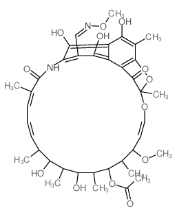 2,7-(Epoxypentadeca(1,11,13)trienimino)naphtho(2,1-b)furan-1,11(2H)-dione, 3-formyl-5,6,9,17,19,21-hexahydroxy-23-methoxy-2,4,12,16,18,20,22-heptamethyl-, 21-acetate, O-methyloxime结构式