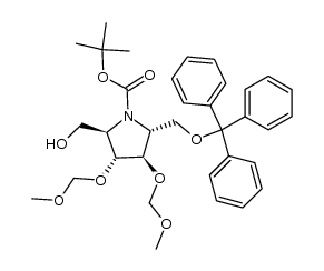 (2R,3R,4R,5R)-N-tert-butoxycarbonyl-3,4-bis(methoxymethyloxy)-5-hydroxymethyl-2-trityloxymethylpyrrolidine结构式
