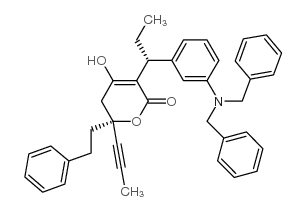 [R-(R*,R*)]-3-[1-[3-[Bis(phenylmethyl)amino]phenyl]propyl]-5,6-dihydro-4-hydroxy-6-(2-phenylethyl)-6-(1-propynyl)-2H-pyran-2-one结构式