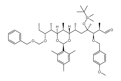 (2R,3R,4R,6R,7S,8S,9S,10S,11R)-11-[(benzyloxy)methoxy]-4-[(tert-butyldimethylsilyl)oxy]-3-[(4-methoxybenzyl)oxy]-2,4,6,8,10-pentamethyl-7,9-{[(R)-2,4,6-trimethylbenzylidene]dioxy}tridecanal结构式