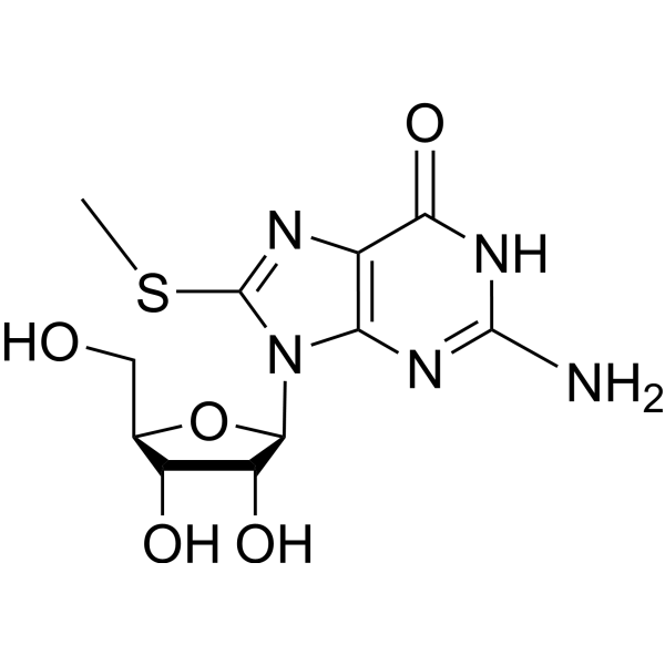 2-amino-9-[3,4-dihydroxy-5-(hydroxymethyl)oxolan-2-yl]-8-methylsulfanyl-3H-purin-6-one结构式