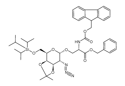 benzylN-(((9H-fluoren-9-yl)methoxy)carbonyl)-O-((3aR,4R,6S,7R,7aR)-7-azido-2,2-dimethyl-4-(((triisopropylsilyl)oxy)methyl)tetrahydro-4H-[1,3]dioxolo[4,5-c]pyran-6-yl)-L-serinate结构式