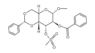 methyl-[O2-benzoyl-O4,O6-((R)-benzylidene)-O3-methanesulfonyl-α-D-altropyranoside]结构式