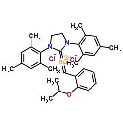 (1,3-双-(2,4,6-三甲基苯基)-2-咪唑烷亚基)二氯(邻异丙氧基苯亚甲基)合钌结构式