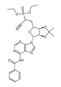 1-(6-benzoylamino-purin-9-yl)-6-diethoxyphosphoryl-O2,O3-isopropylidene-1,5,6-trideoxy-heptofuranurononitrile结构式