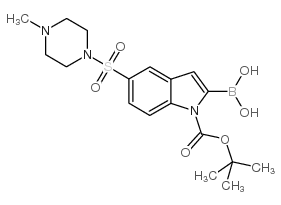 1H-Indole-1-carboxylic acid, 2-borono-5-[(4-methyl-1-piperazinyl)sulfonyl]-, 1-(1,1-dimethylethyl) ester结构式