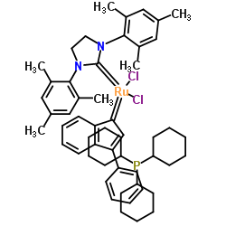 [1,3-双(2,4,6-三甲基苯基)-2-咪唑烷亚基](3-苯基-1H-茚-1-亚基)(三环己基膦)二氯化钌(II)结构式