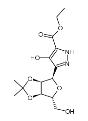 4-hydroxy-5-(O2,O3-isopropylidene-α-D-ribofuranosyl)-1(2)H-pyrazole-3-carboxylic acid ethyl ester结构式