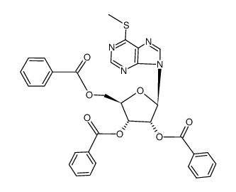 tri-O-benzoyl-1-(6-methylsulfanyl-purin-9-yl)-β-D-1-deoxy-ribofuranose结构式