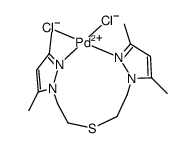 [PdCl2(1,5-bis(3,5-dimethyl-1-pyrazolyl)-3-thiapentane]结构式