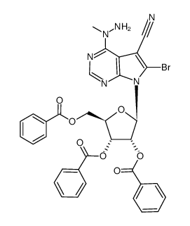 6-bromo-5-cyano-4-(1-methylhydrazino)-7-[2,3,5-tri-O-benzoyl-β-D-ribofuranosyl]pyrrolo[2,3-d]pyrimidine结构式