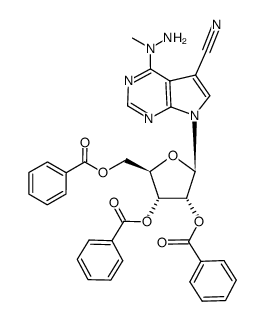4-(1-methylhydrazino)-5-cyano-7-[(2,3,5-tri-O-benzoyl)-β-D-ribofuranosyl]-7H-pyrrolo[2,3-d]pyrimidine结构式