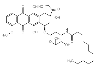 5,12-Naphthacenedione, 7,8,9,10-tetrahydro-6,8, 11-trihydroxy-8- (hydroxyacetyl)-1-methoxy-10-[[2,3, 6-trideoxy-3-[(1-oxododecyl)amino]-.alpha.-L-lyxohexopyranosyl]oxy ]-, (8S-cis)-结构式
