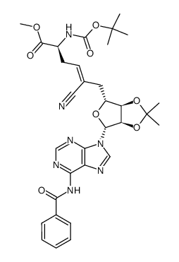 9-(methyl 9(S)-(((tert-butyloxy)carbonyl)amino)-6-cyano-5,6,7,8,9-pentadeoxy-2,3-O-isopropylidene-β-D-ribo-deca-6-enofuranosyluronate)-adenine结构式