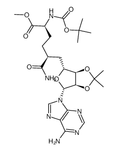 9-(methyl 9(S)-(((tert-butyloxy)carbonyl)amino)-6-carboxamido-5,6,7,8,9-pentadeoxy-2,3-O-isopropylidene-β-D-ribo-decafuranosyluronate)adenine结构式