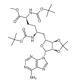 9-(methyl 6(S),9(S)-(((tert-butyloxy)carbonyl)amino)-5,6,7,8,9-pentadeoxy-2,3-O-isopropylidene-β-D-ribo-decafuranosyluronate)adenine结构式